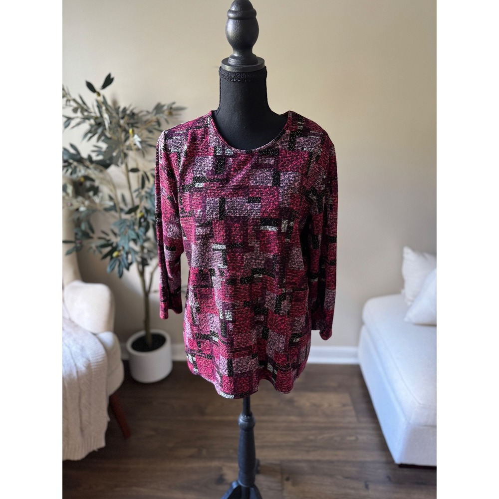 Allison Daley Womens Medium Magenta Pink Abstract Geometric Metallic Knit Top